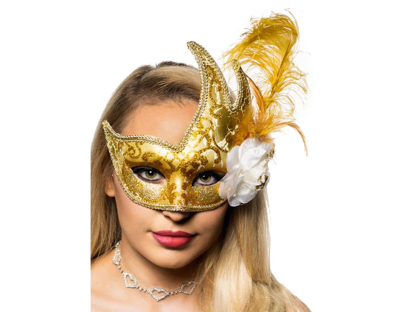 Crackle Paint Luxury Gold Feather Masquerade Mask Womens