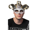Venetian Jester Silver and White Masquerade Mask Mens