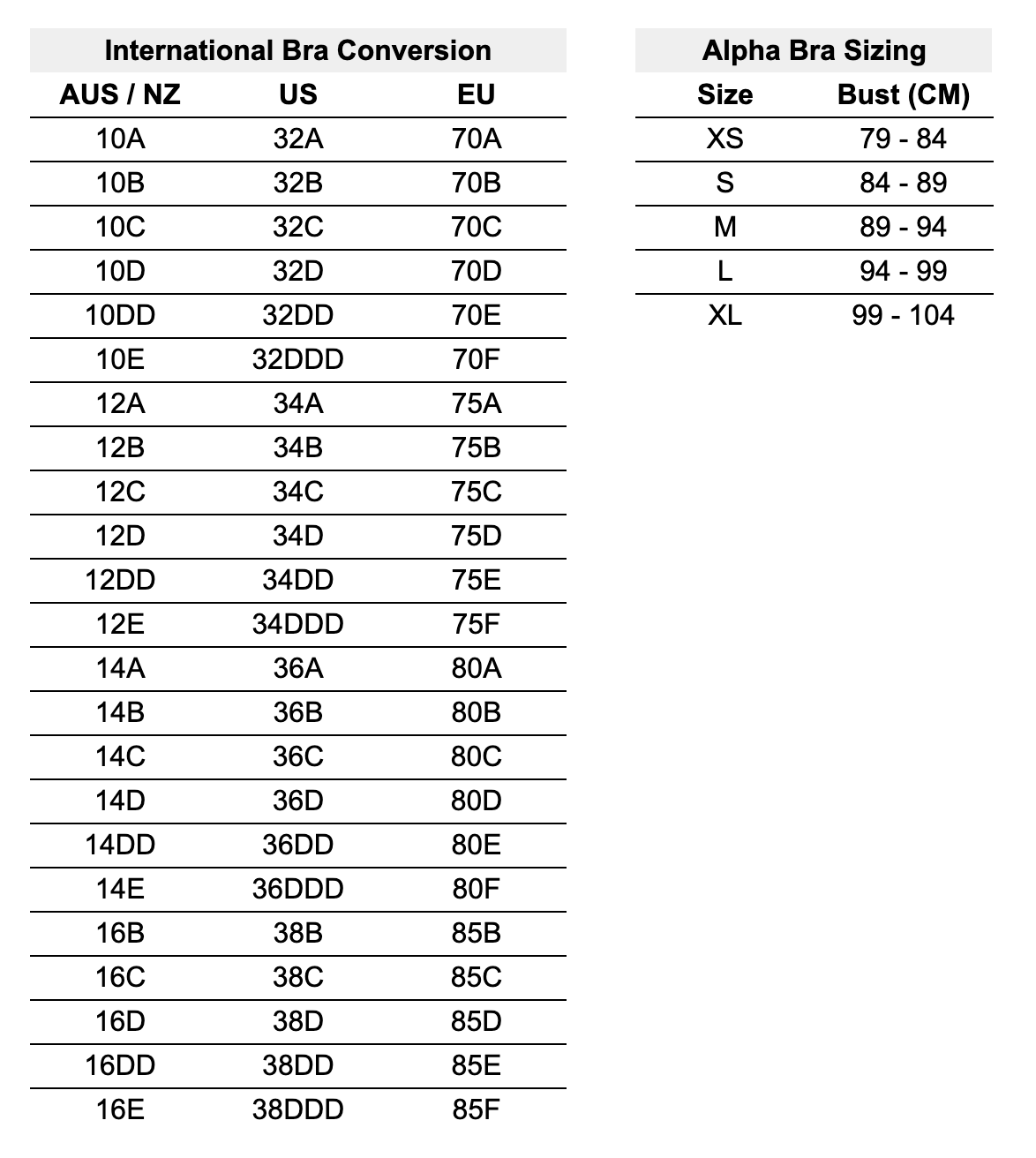 ck bra size chart