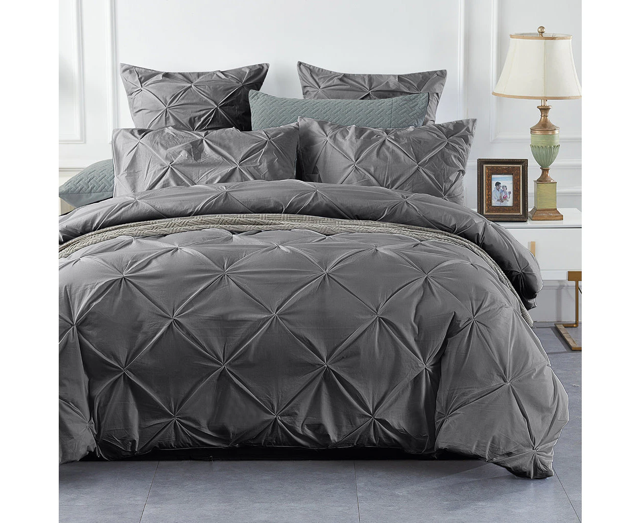 100% Cotton Steel Grey Diamond Pinch Pleated Pintuck Doona Quilt Cover Set