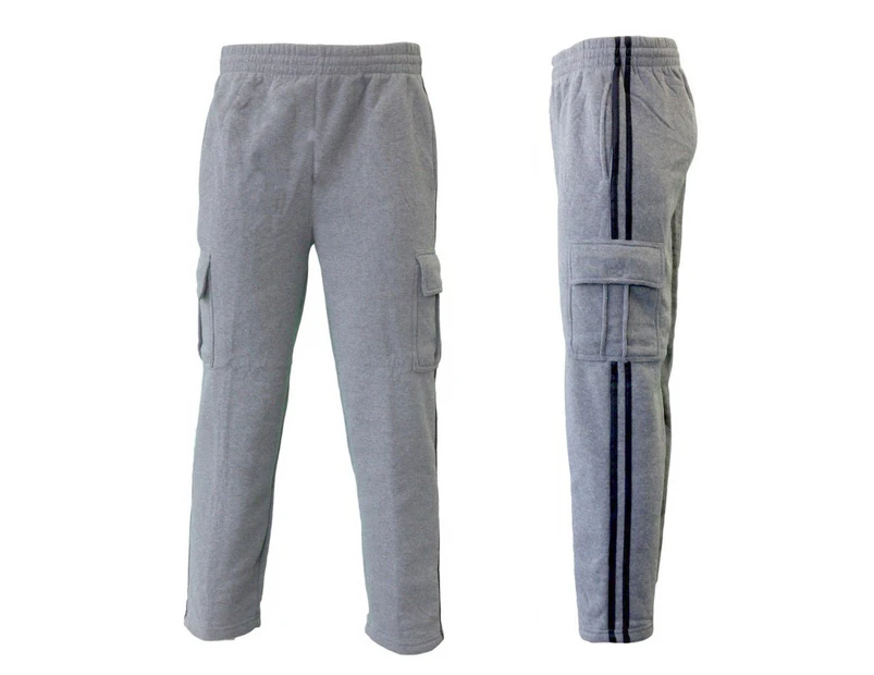 FIL Men's Cargo Fleece Casual Jogging Sports Track Suit Pants with Stripes - Light Grey with Black Stripes