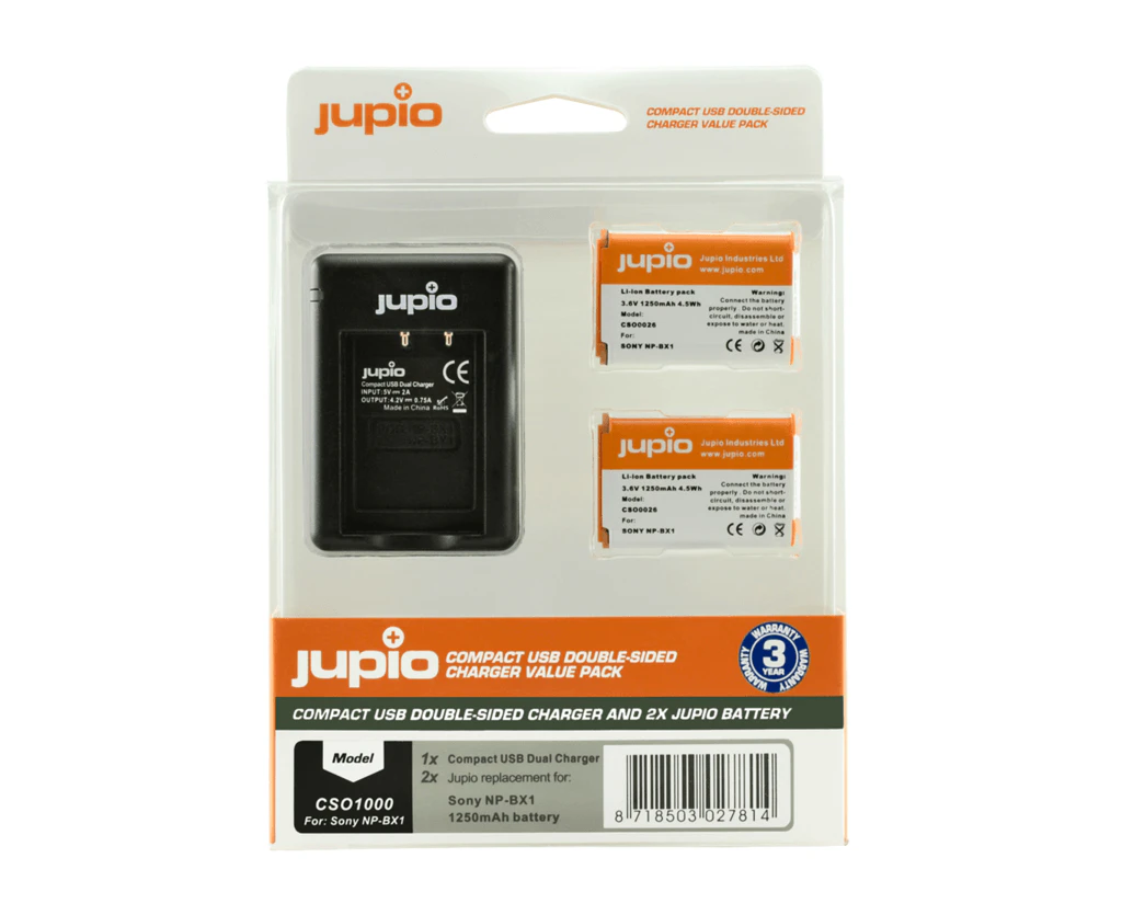 Jupio 2x Batteries 1250mAh & USB Double-Sided Charger Kit For Sony NP-BX1