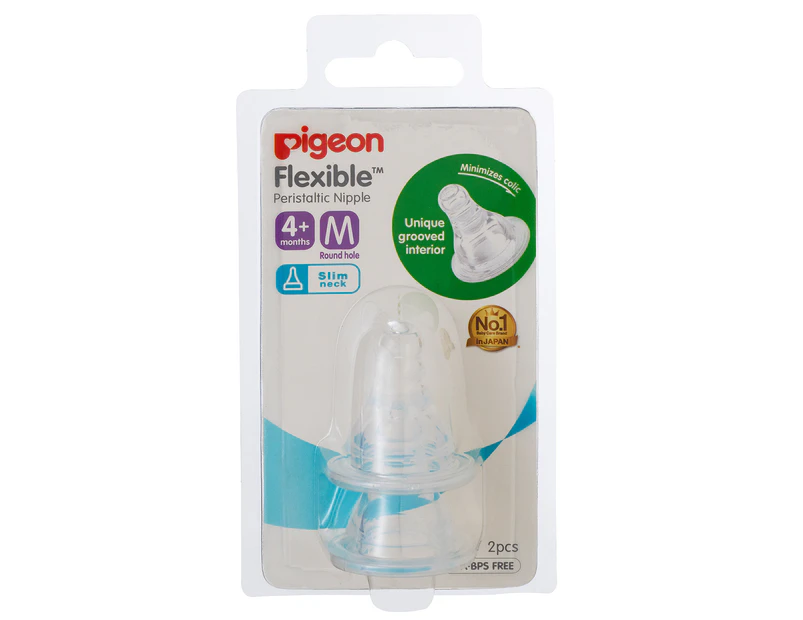 2PK Pigeon Peristaltic Slim Neck Soft Silicone M Teat 4m+ for Baby/Infant Bottle