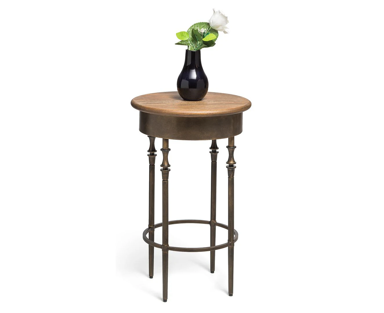 Wooden Round Side Table with Finial Legs in Dark French Brass Finish