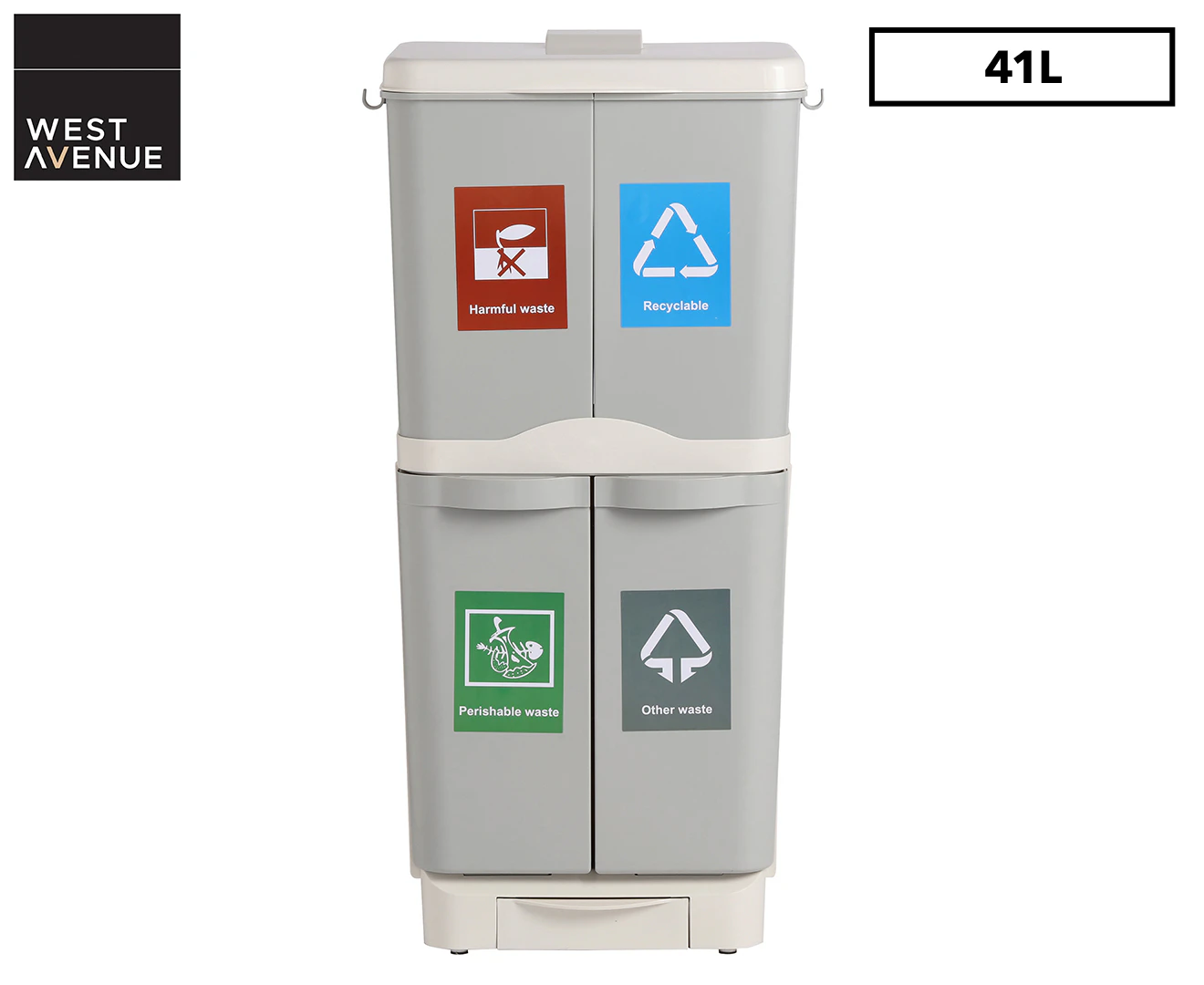 West Avenue 41L 4-Compartment Recycling & Kitchen Waste Bin - Grey