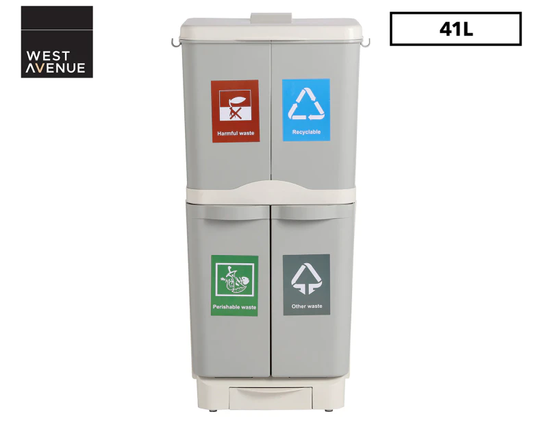 West Avenue 41L 4-Compartment Recycling & Kitchen Waste Bin - Grey