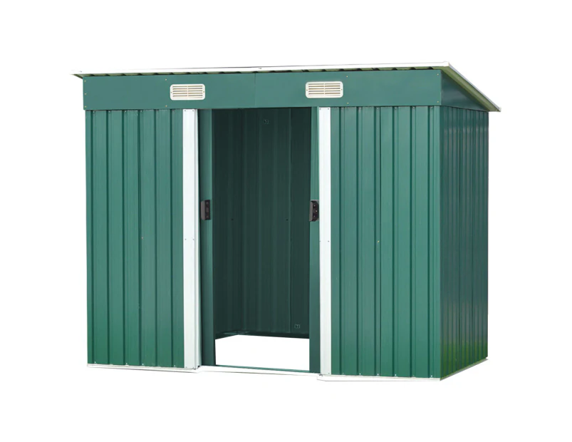 Wallaroo 4ft x 8ft Garden Shed with Base Flat Roof Outdoor Storage - Green