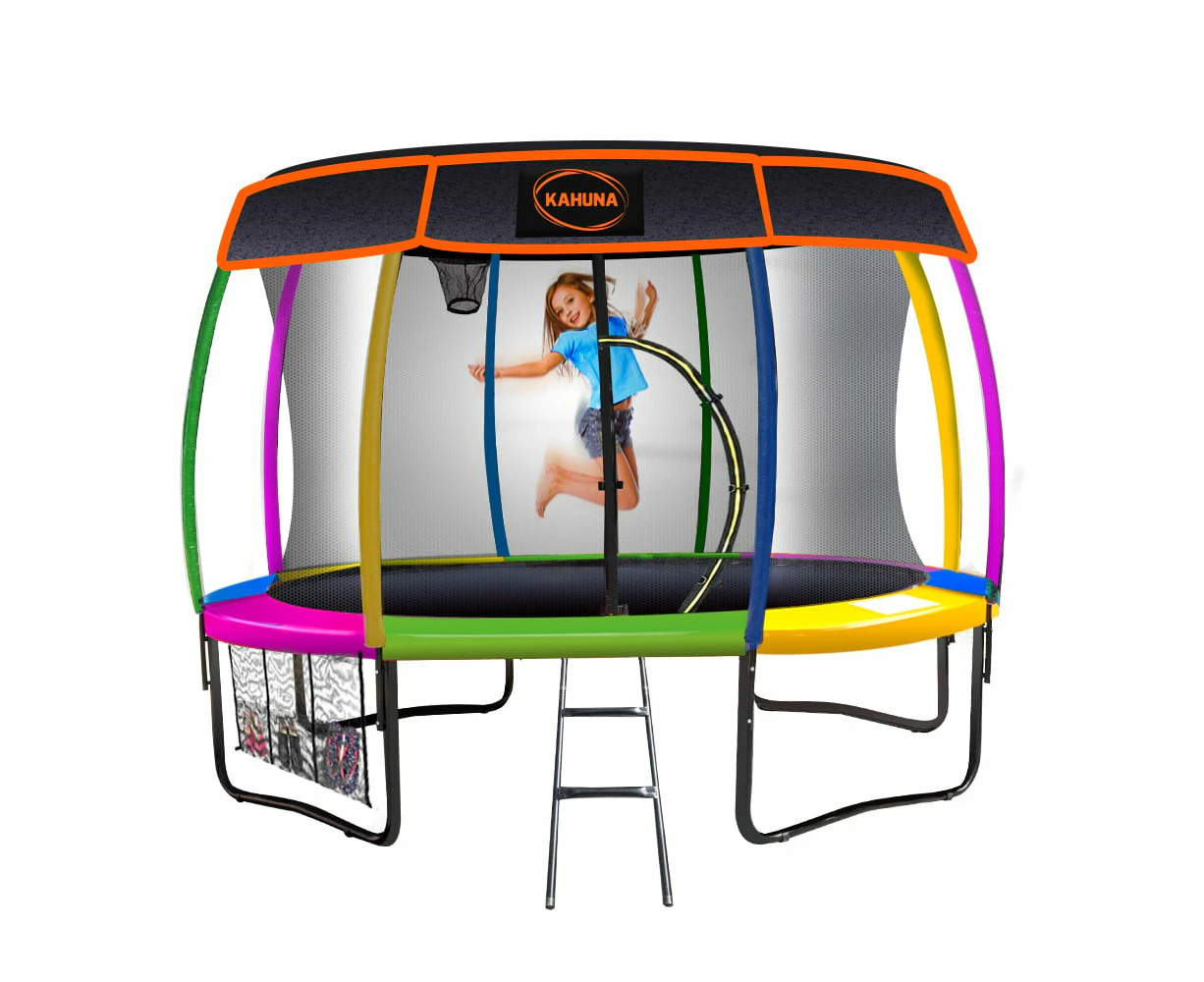 Kahuna Trampoline 14 ft with Basketball Set and Roof - Rainbow