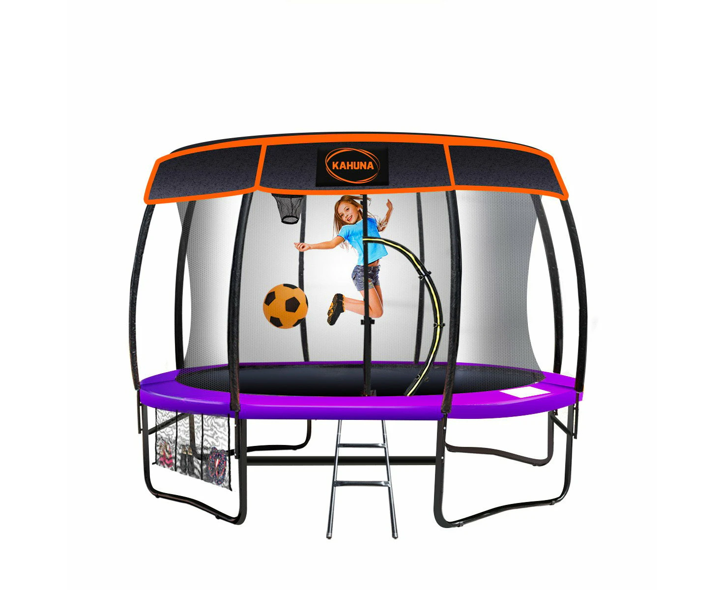 Kahuna Trampoline 14 ft with Basketball Set and Roof - Purple