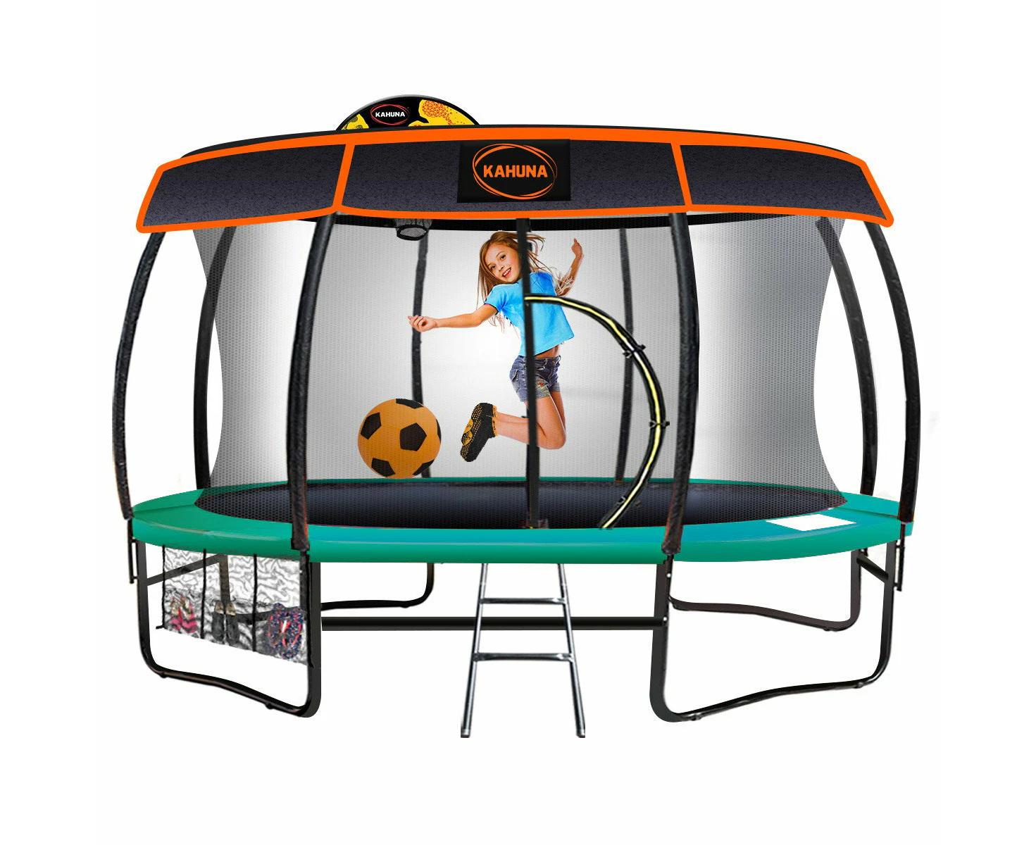 Kahuna Trampoline 14 ft with Basketball Set Roof - Green