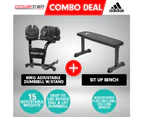 2x 40kg Powertrain Adjustable Dumbbells and Stand w/10437 Adidas Bench