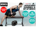 2x 40kg Powertrain Adjustable Dumbbells  Home Gym w/10437 Adidas Bench