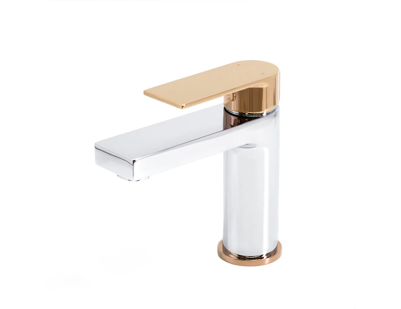 AGUZZO PRATO Bathroom Basin Mixer Tap - Chrome with Rose Gold Handle
