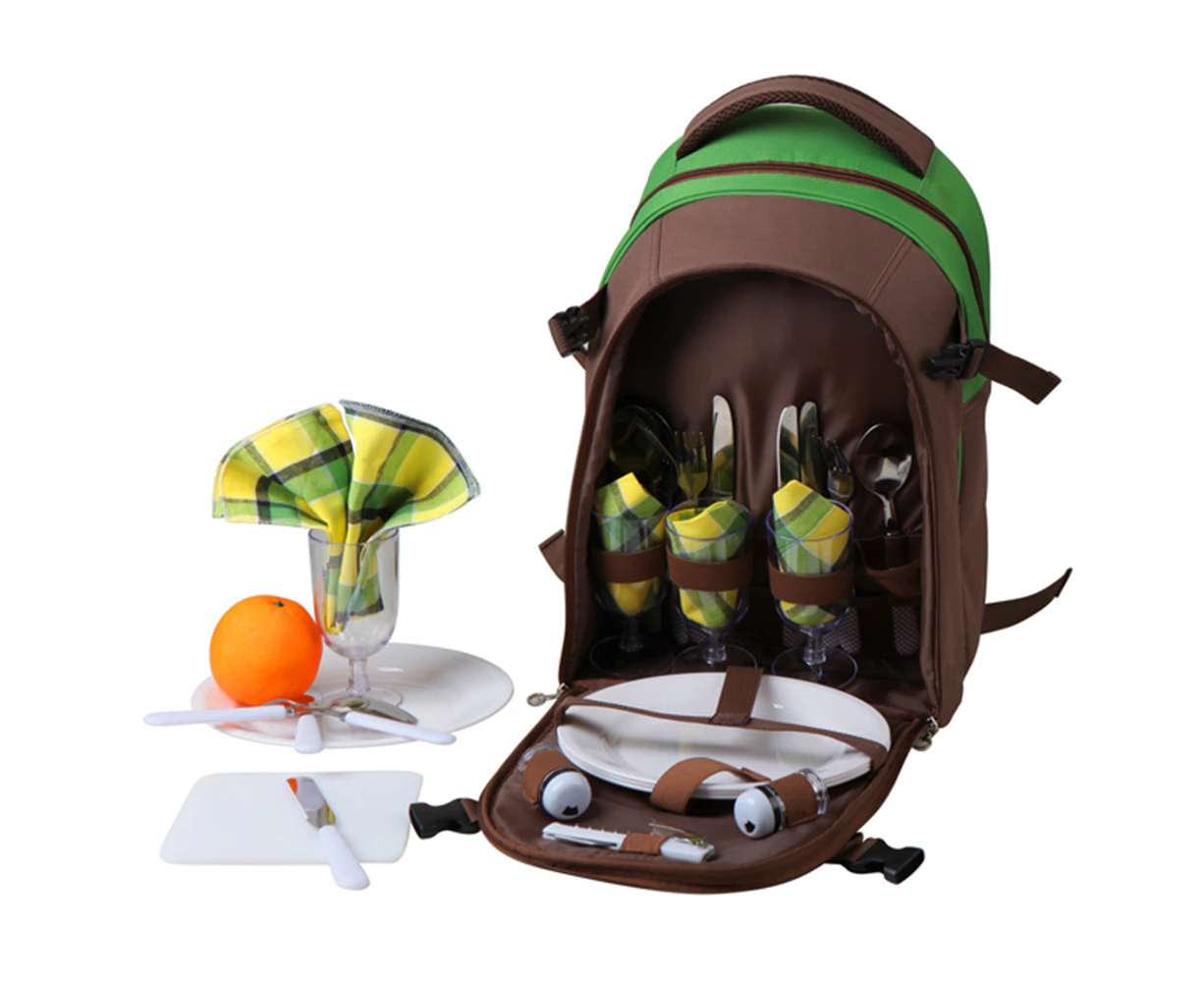 Yonovo 4 Person Insulated Picnic Bag Backpack Wine Glass/Cutlery/Knives Green