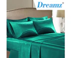 DreamZ Silky Satin Sheets Fitted Flat Bed Sheet Set Pillowcases King Single Teal