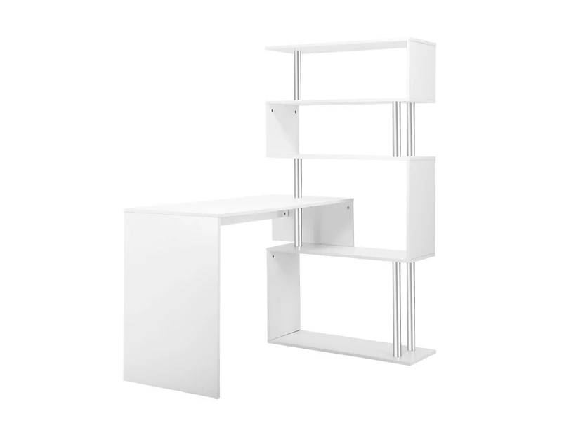 L-Shaped Rotating Home Office Desk Corner PC Computer Table W/ Hutch 4 Tier Bookshelf Storage White