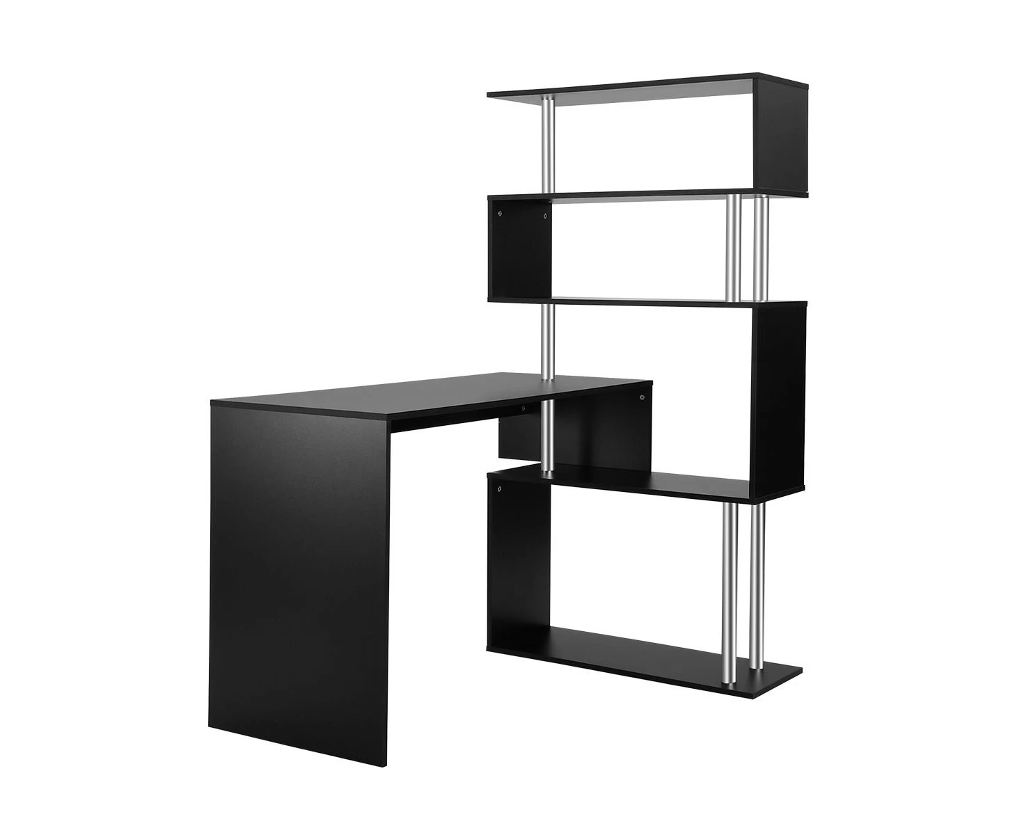 Home Office Computer Desk Corner Table Tier Bookshelf Storage L-Shaped Rotating Table Black