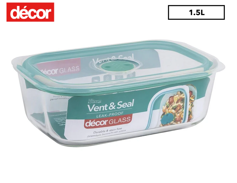 Décor 1.5L Vent & Seal Glass Oblong Container - Clear/Teal