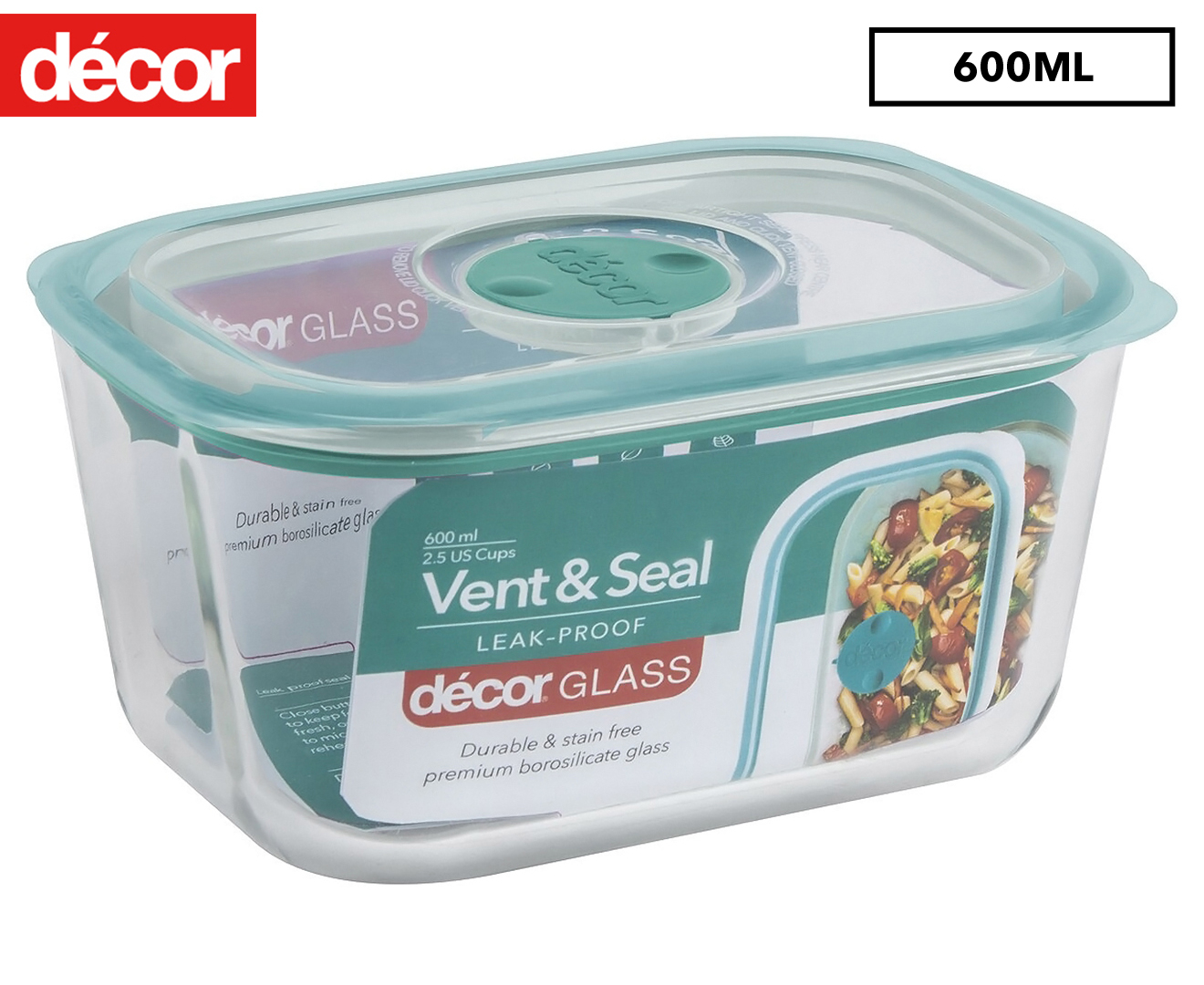 Décor 600mL Vent & Seal Oblong Glass Container - Clear/Teal ...