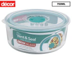 Décor 750mL Vent & Seal Round Glass Container - Clear/Teal