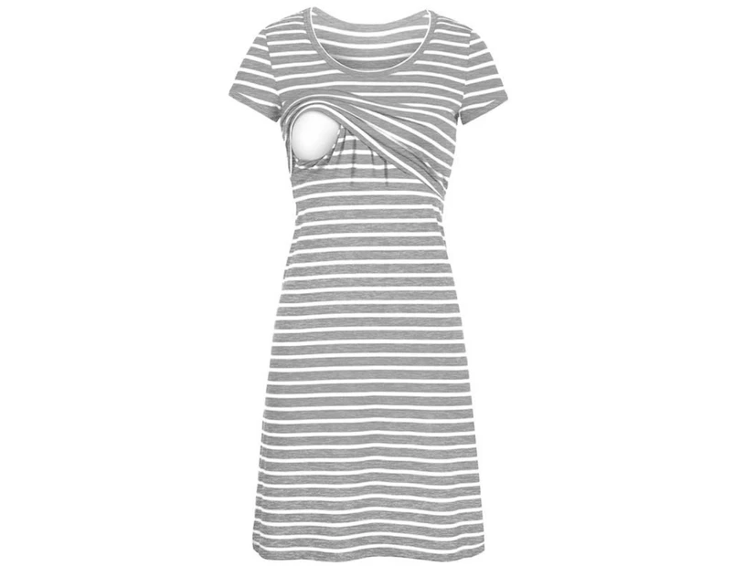 Knee Length Maternity & Nursing Lift Up Dress - Grey & White