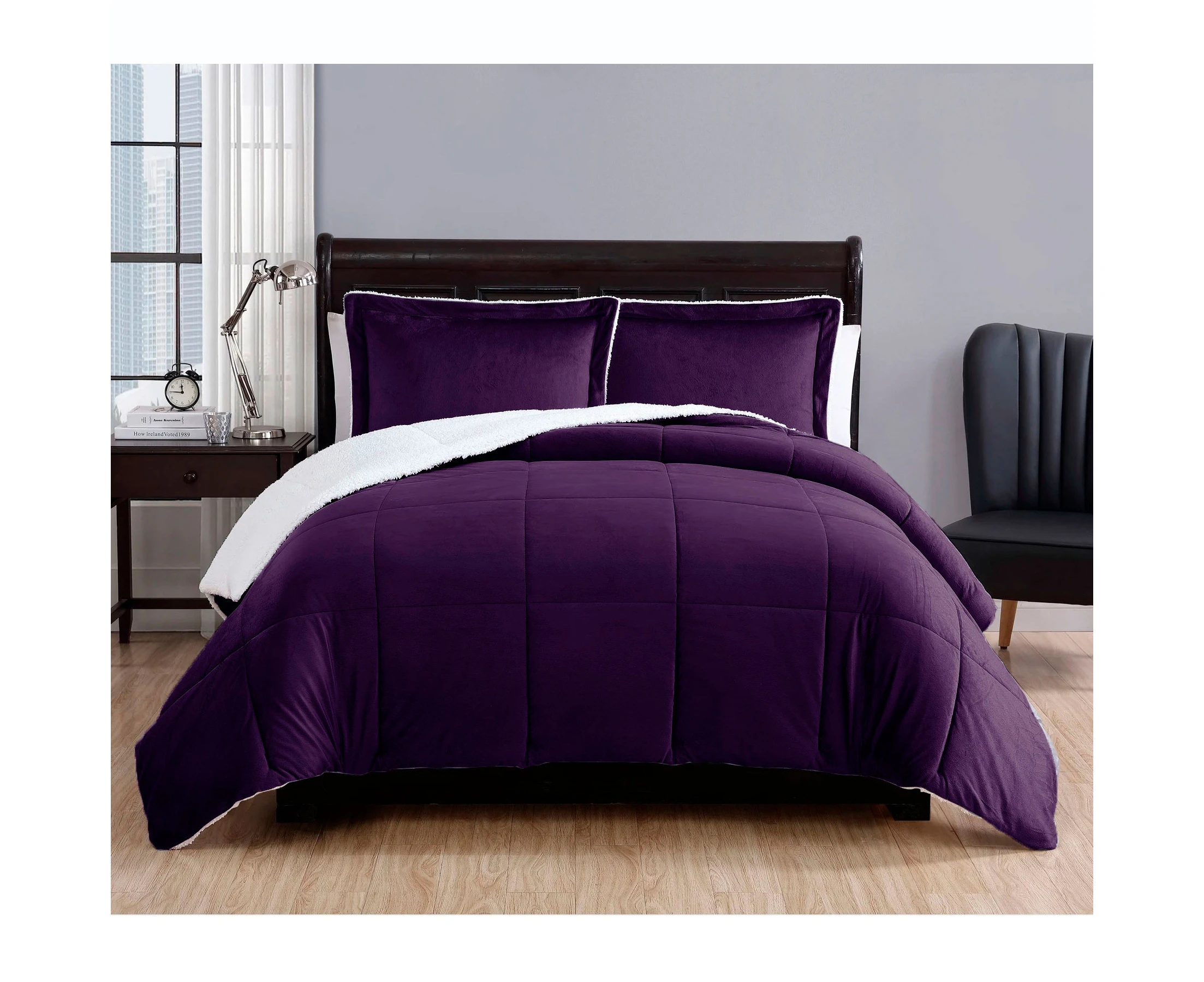 3 Piece Micro Mink Comforter Set with Sherpa Reverse - Purple