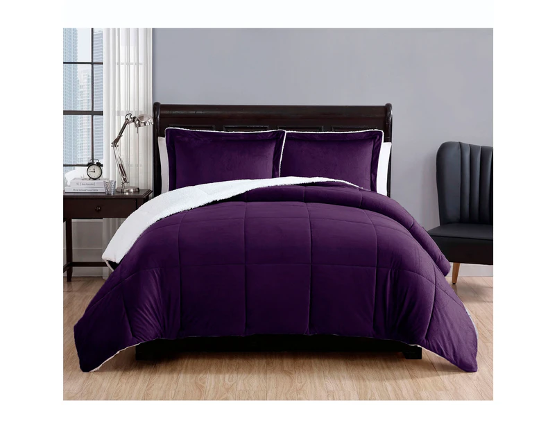 3 Piece Micro Mink Comforter Set with Sherpa Reverse - Purple