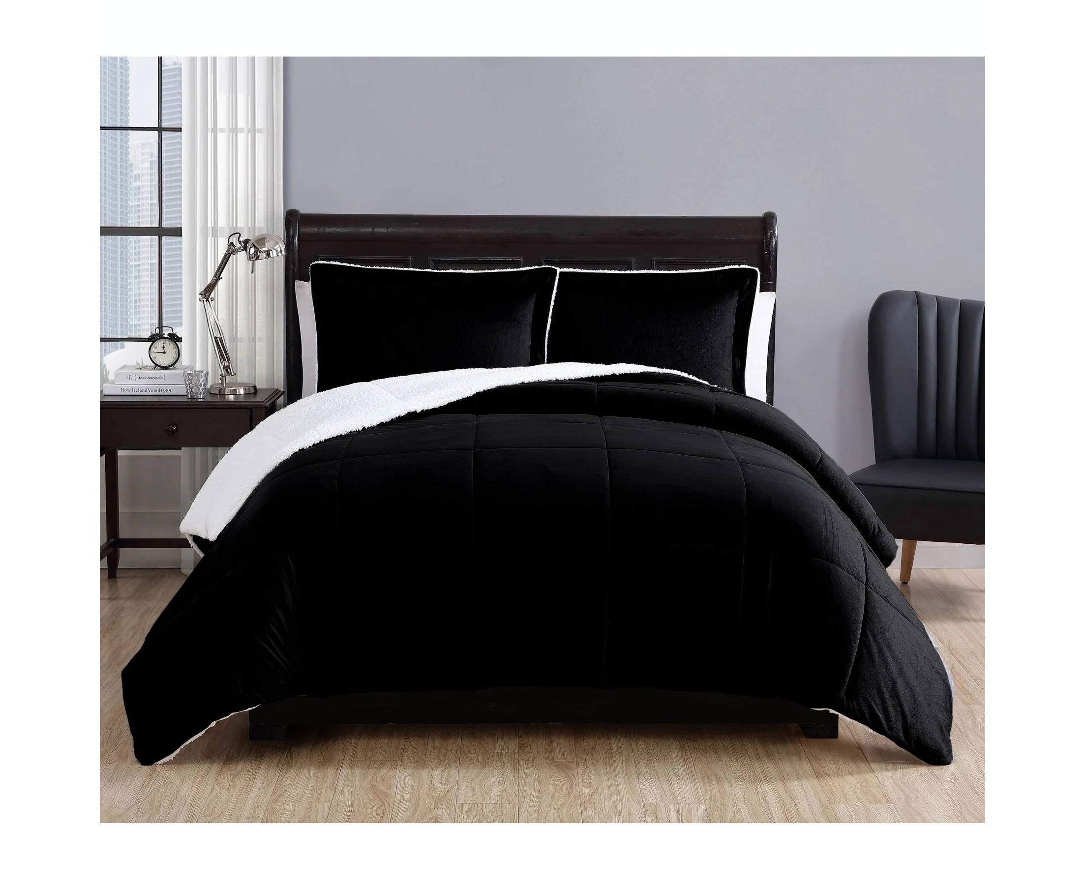 3 Piece Micro Mink Comforter Set with Sherpa Reverse - Black