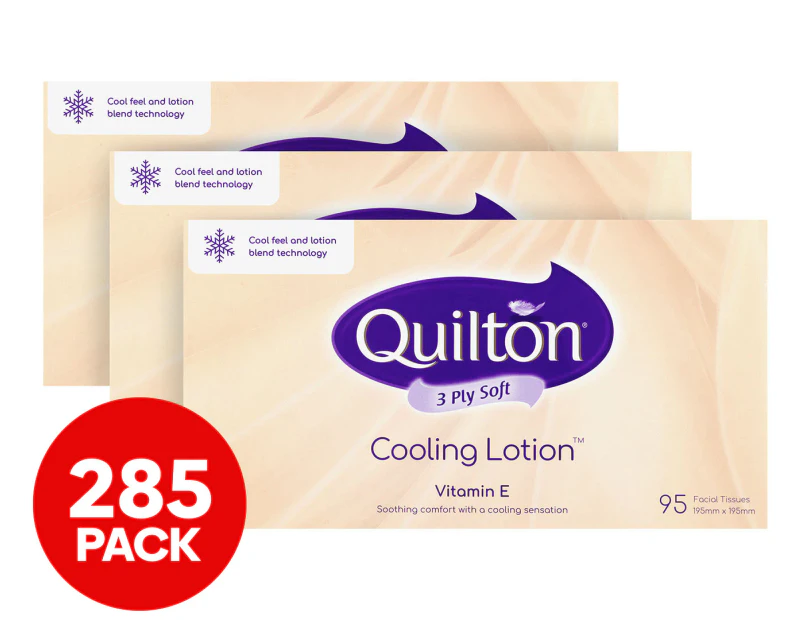 3 x Quilton 3 Ply Soft Cooling Lotion Facial Tissues Vitamin E 95pk