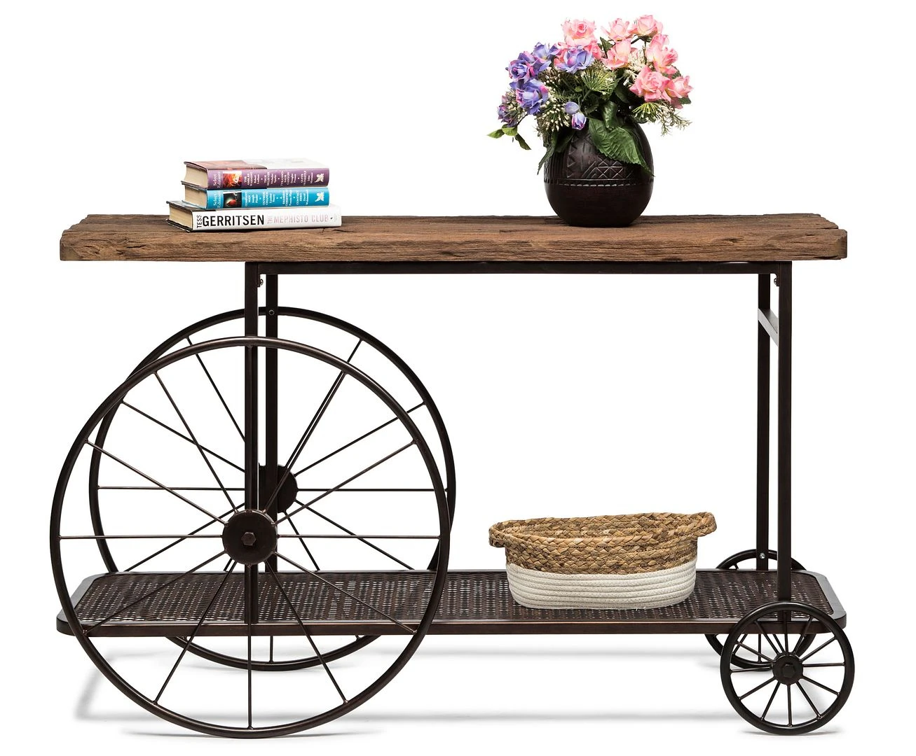 Industrial Wood Iron Hallway Console Table with Wheels Design