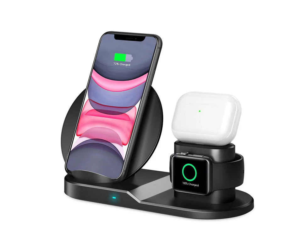 Ymall N30 3 in 1 Wireless Charger Qi Fast Charger Stand for iPhone/Samsung/Airpods/Apple Watch-Black