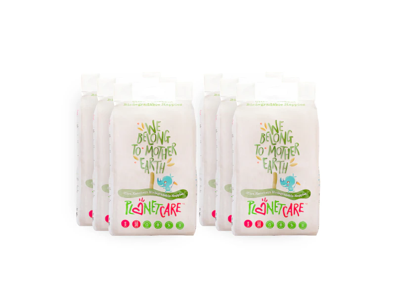 PlanetCare Eco-friendly Nappies - Small Size. Infant - Size 2: 3-8kg. 6 bags of 50 (300 nappies)