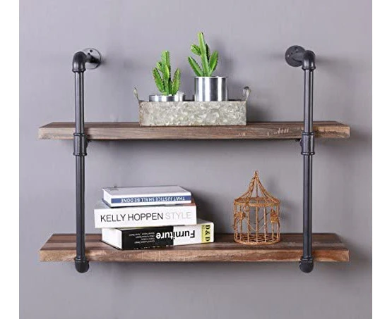 IHOMDEC 2 Tier Vintage Industrial Pipe Wall Shelf Retro Brown