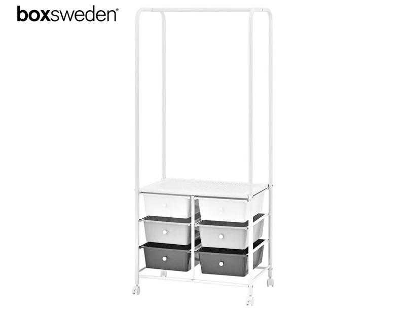 Boxsweden 6-Drawer Portable Metal Trolley w/ Garment Rack - Gradual Slate