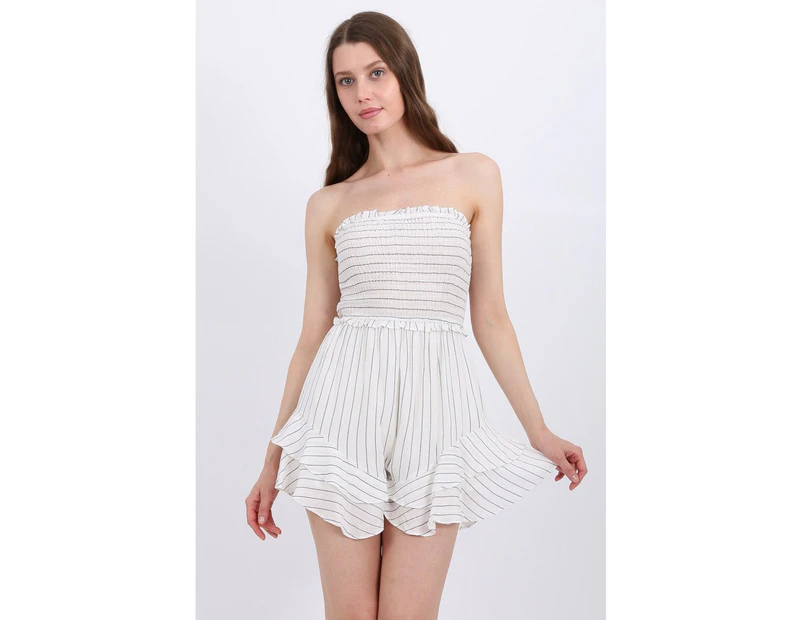 Women Elisa Stripe Linen Ruffled Playsuit - White
