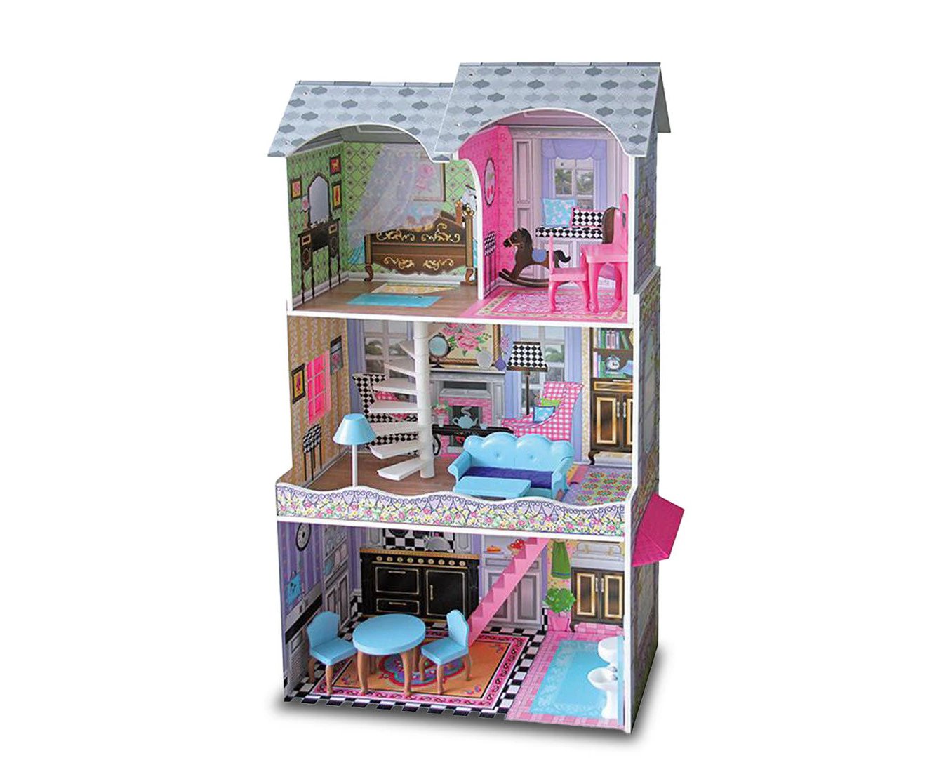 Large Wooden Girls Doll House 3 Level Kids Pretend Play Toys Furniture Set Dollhouse