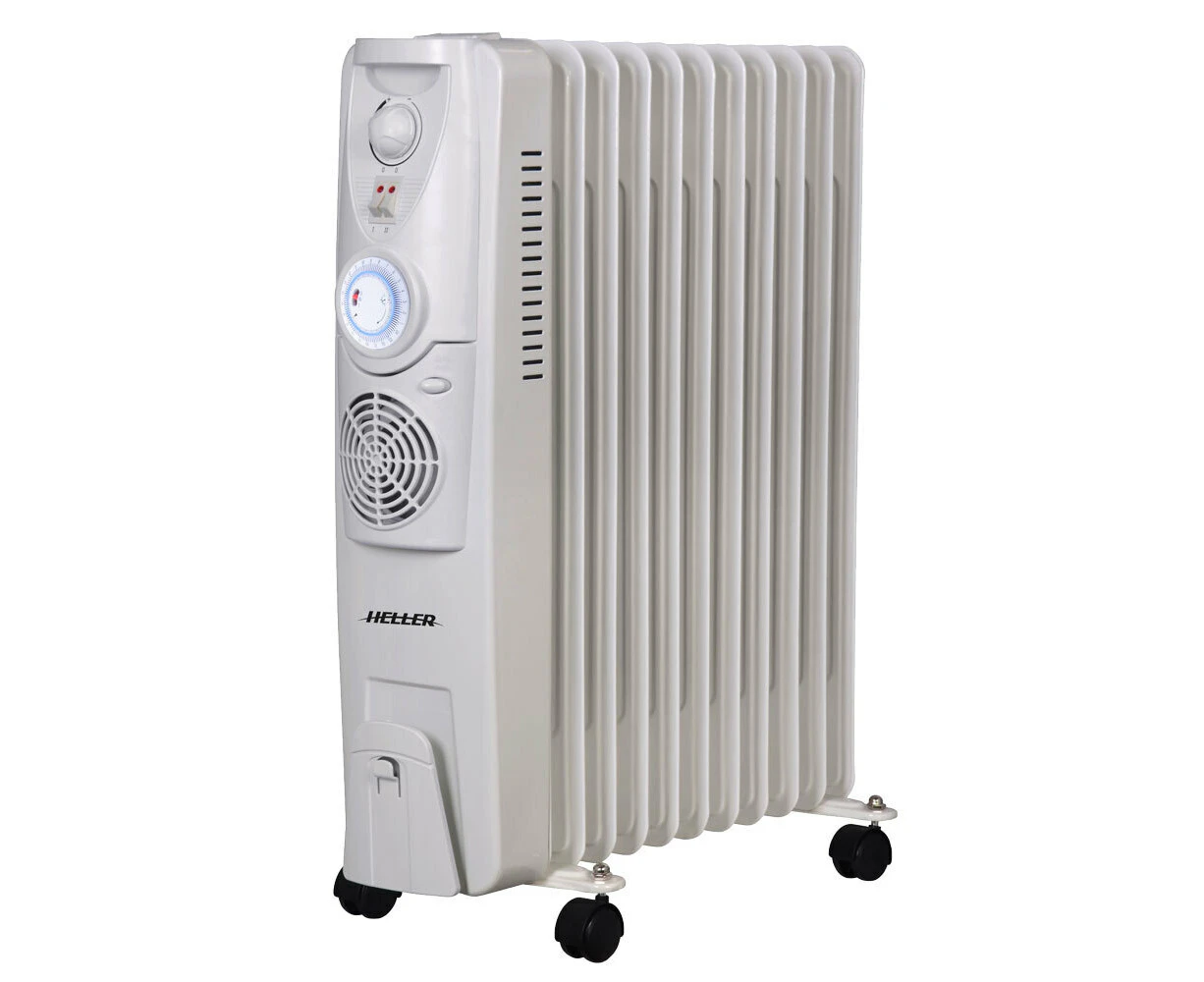 Heller Portable Oil Heater 11 Fin Fan Timer w/ 2400W 3 Heat Settings White