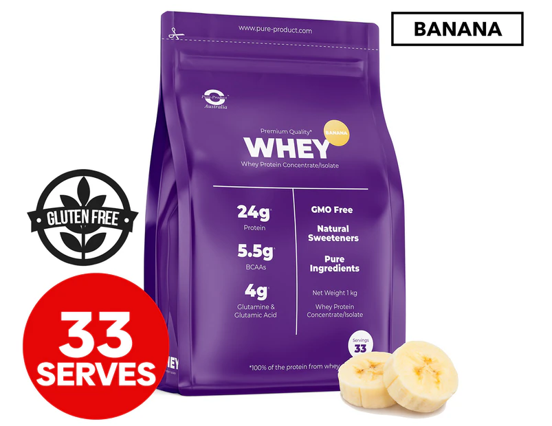 Pure-Product Premium Quality Whey Protein Isolate/Concentrate Banana 1kg / 33 Serves