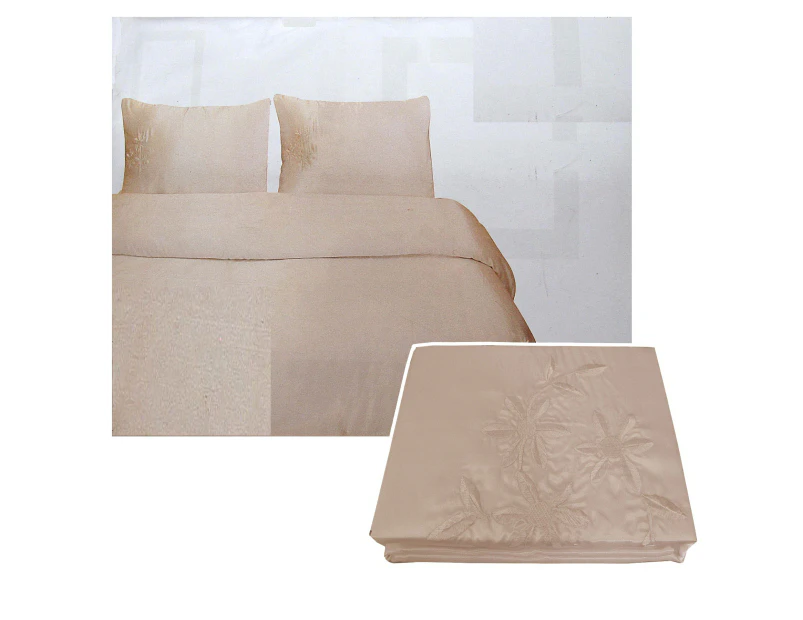 Tuberose Satin Embroidery Quilt Cover Set - Latte