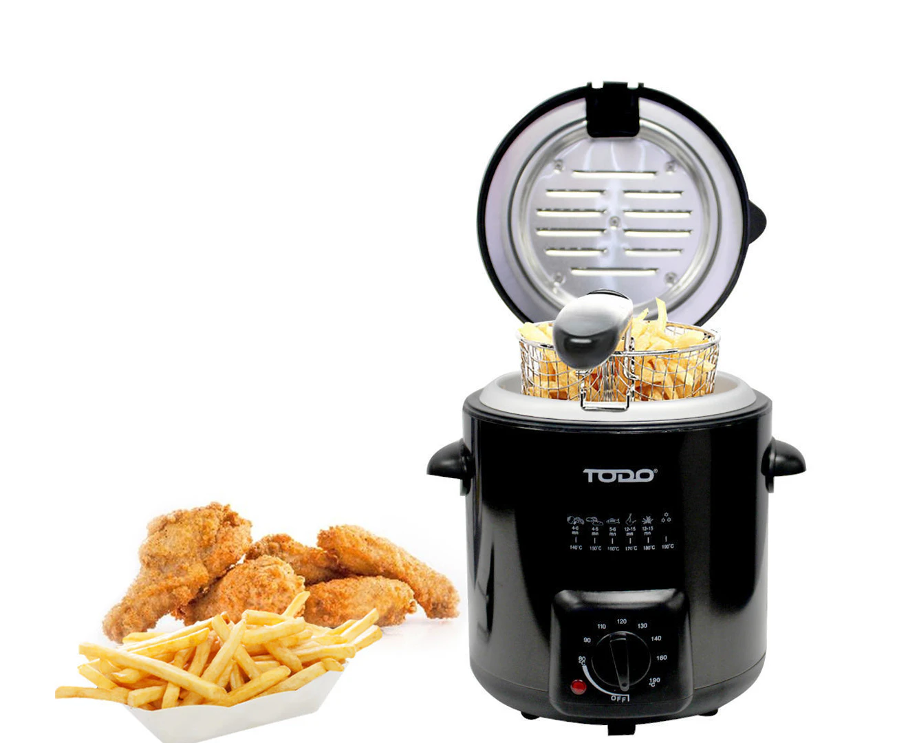 TODO 0.9L Deep Fryer Adjustable Thermostat Dial Black Stainless Steel Housing Basket