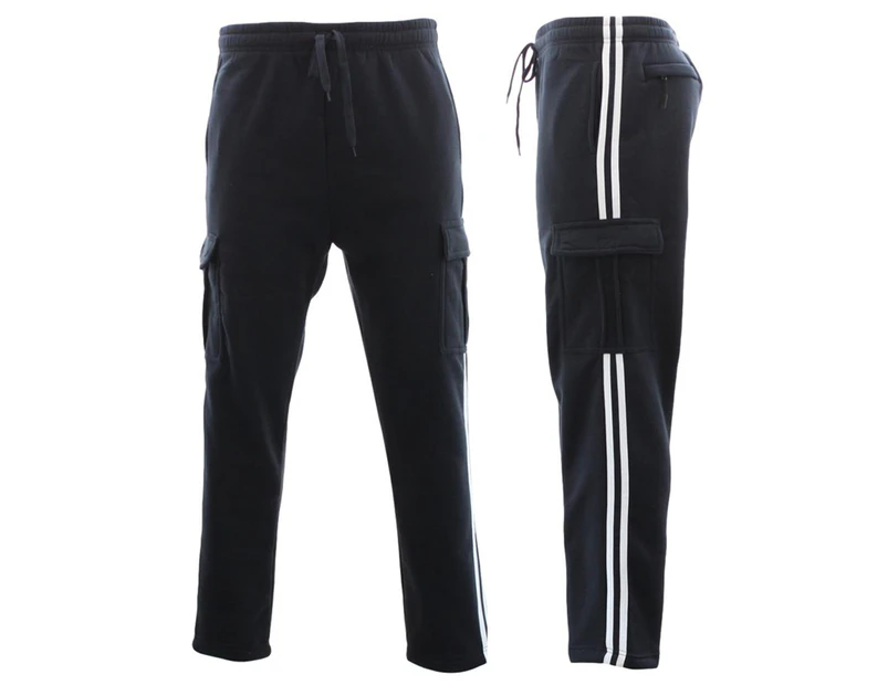 FIL Men's Cargo Fleece Casual Jogging Sports Track Suit Pants with Stripes - Navy