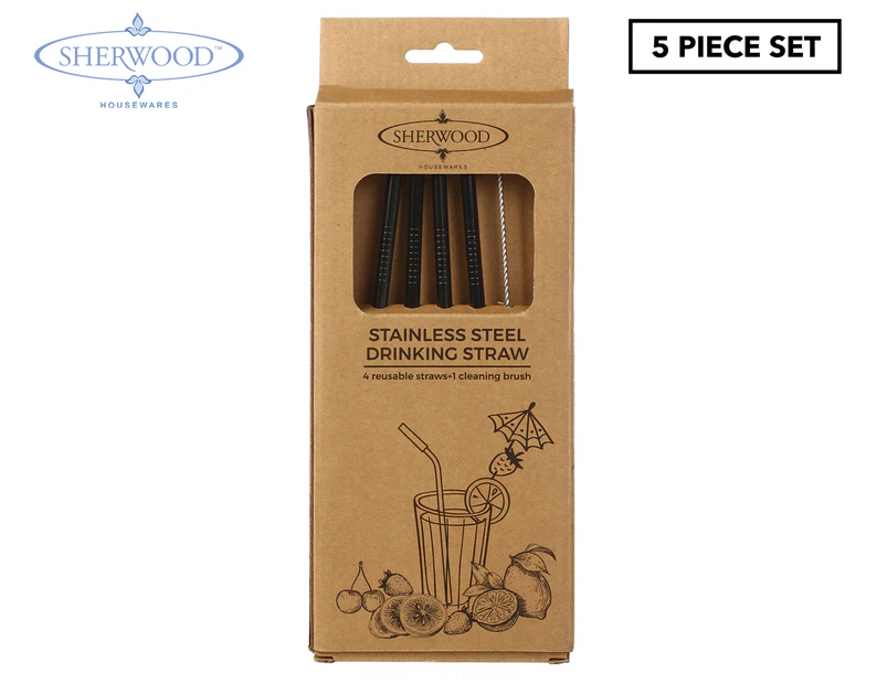 Sherwood 5-Piece Straight Reusable Metal Straw Set - Black
