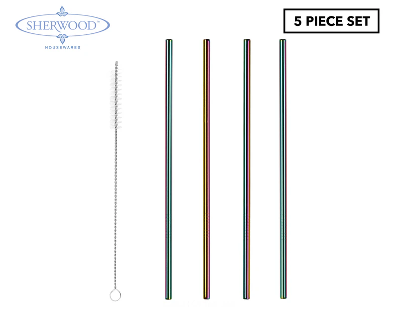 Sherwood 5-Piece Straight Reusable Metal Straw Set - Rainbow