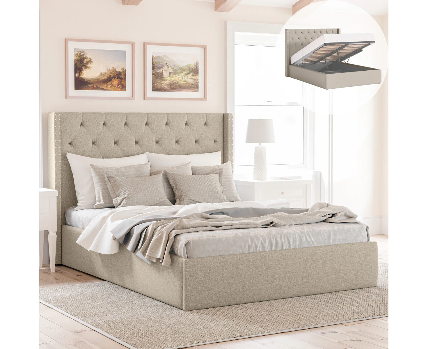 Storage Gas Lift Bed Frame with Tall Winged Bed Head in King, Queen and Double Size (Beige Fabric)