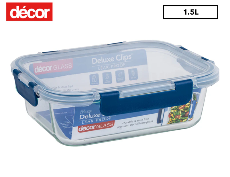 Décor 1.5L Deluxe Clips Glass Oblong Container - Clear/Blue