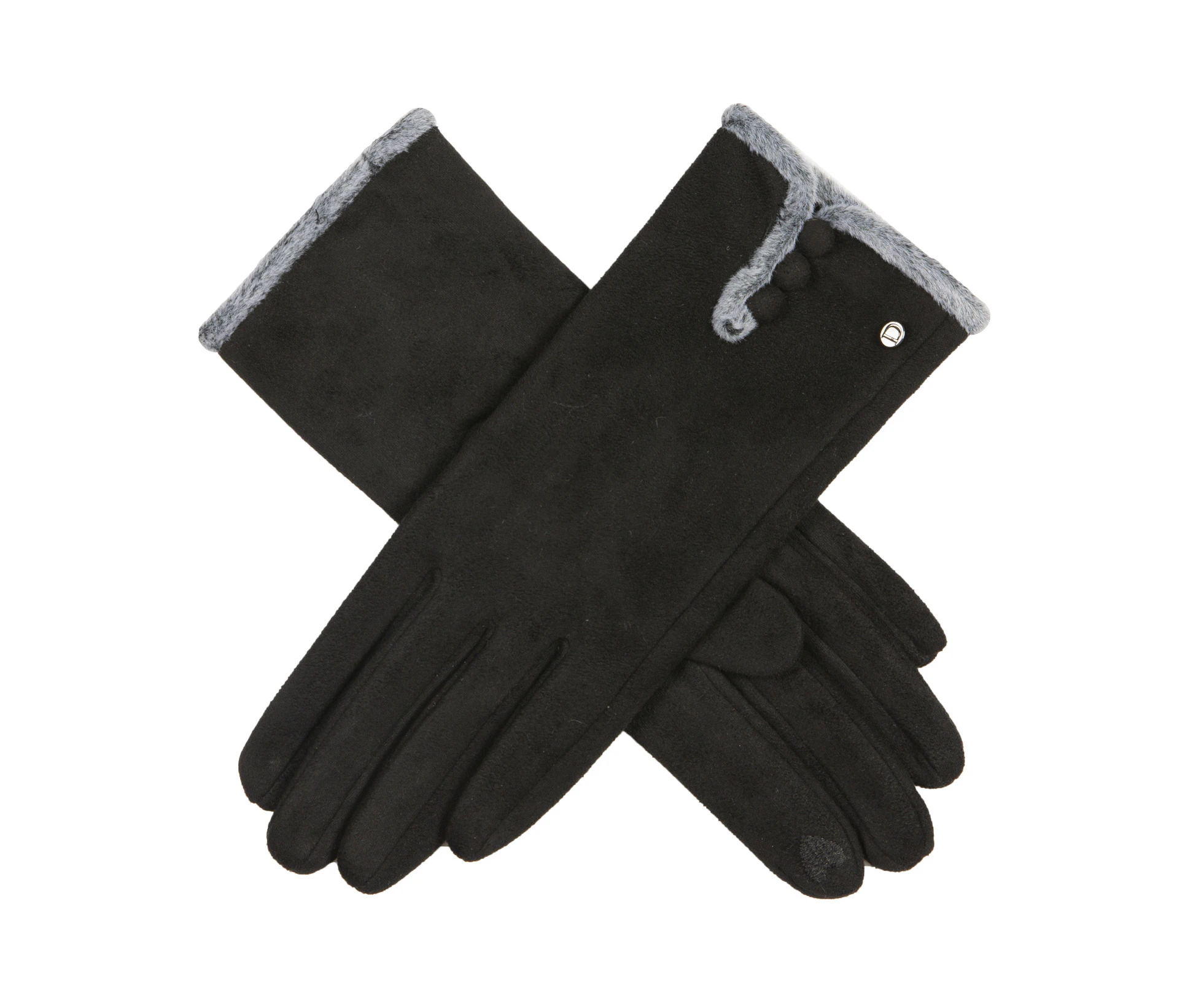 Women's Soft Feel Touchscreen Gloves with Faux Fur and Button Trim - Black