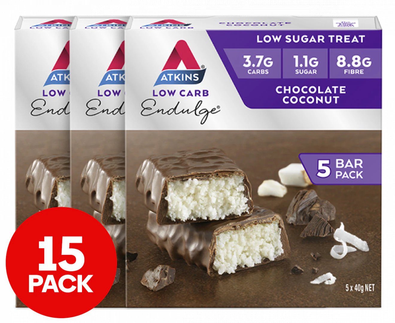 3 x 5pk Atkins Low Carb Endulge Bars Chocolate Coconut