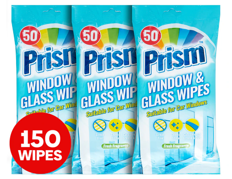 3 x Prism Window & Glass Fresh Wipes 50pk