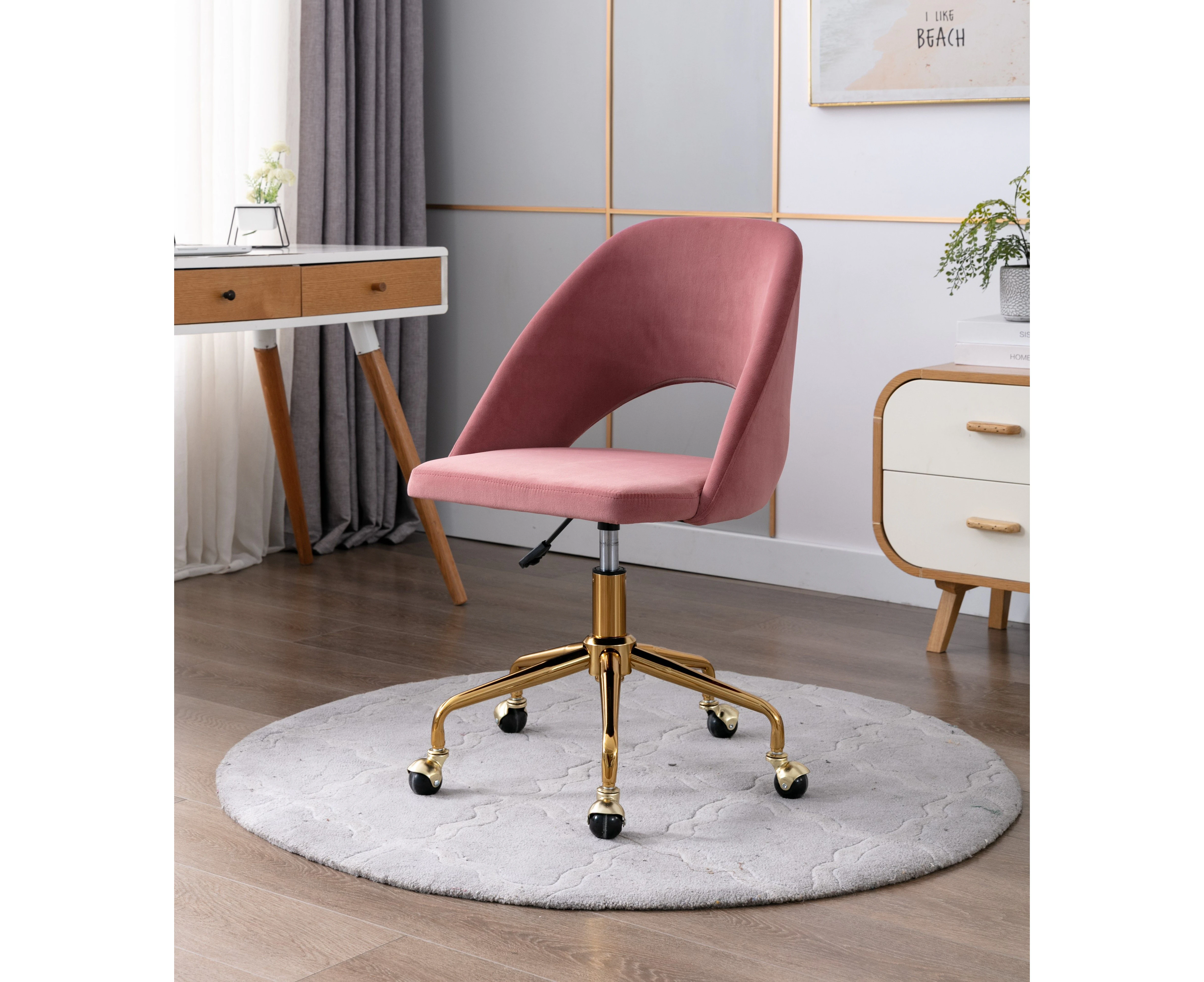 Pink Velvet Fabric Upholstered Office Chair Home Office Chair Gold Base