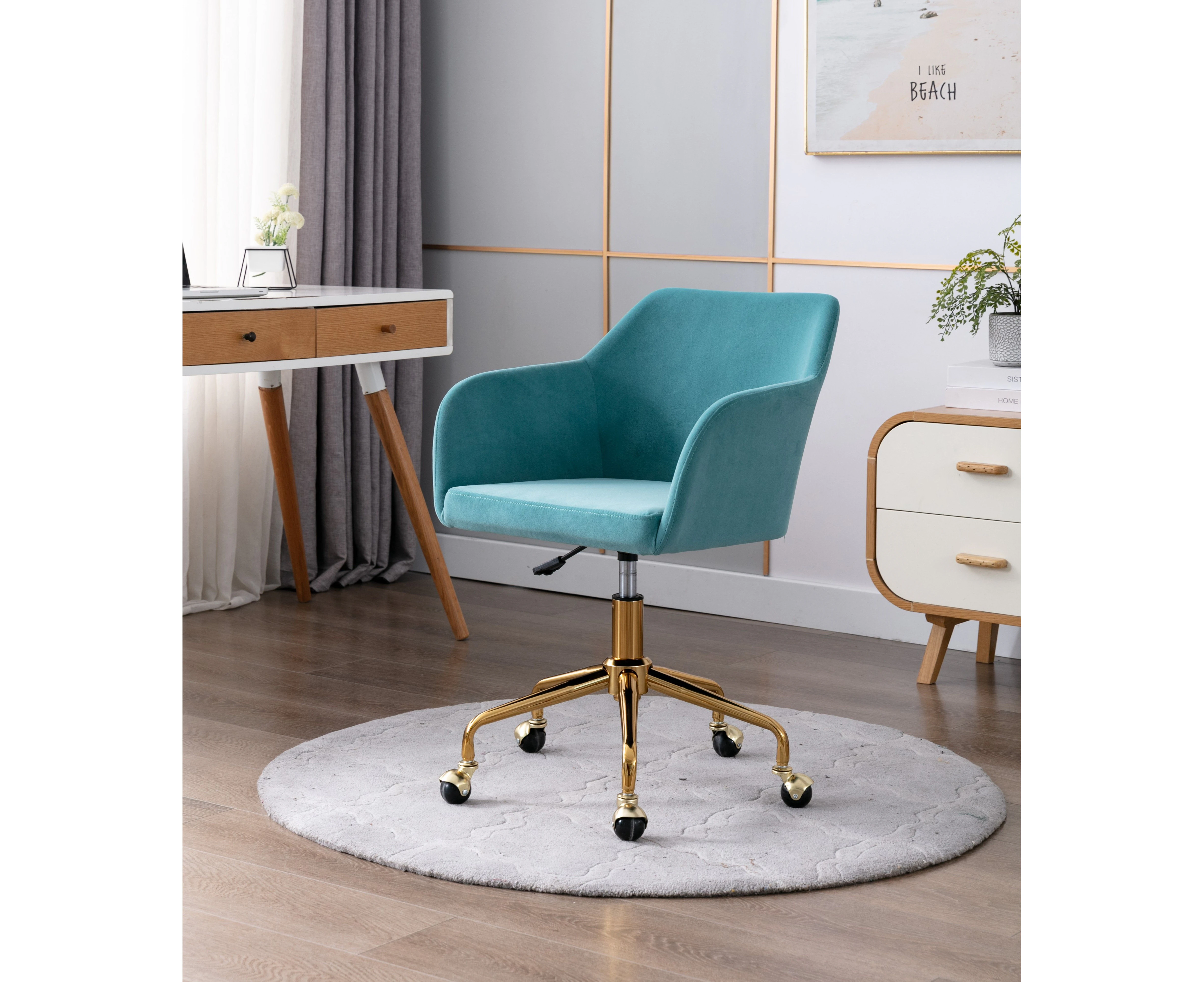 Aqua Blue Velvet Fabric Upholstered Office Chair Home Office Chair Gold Base